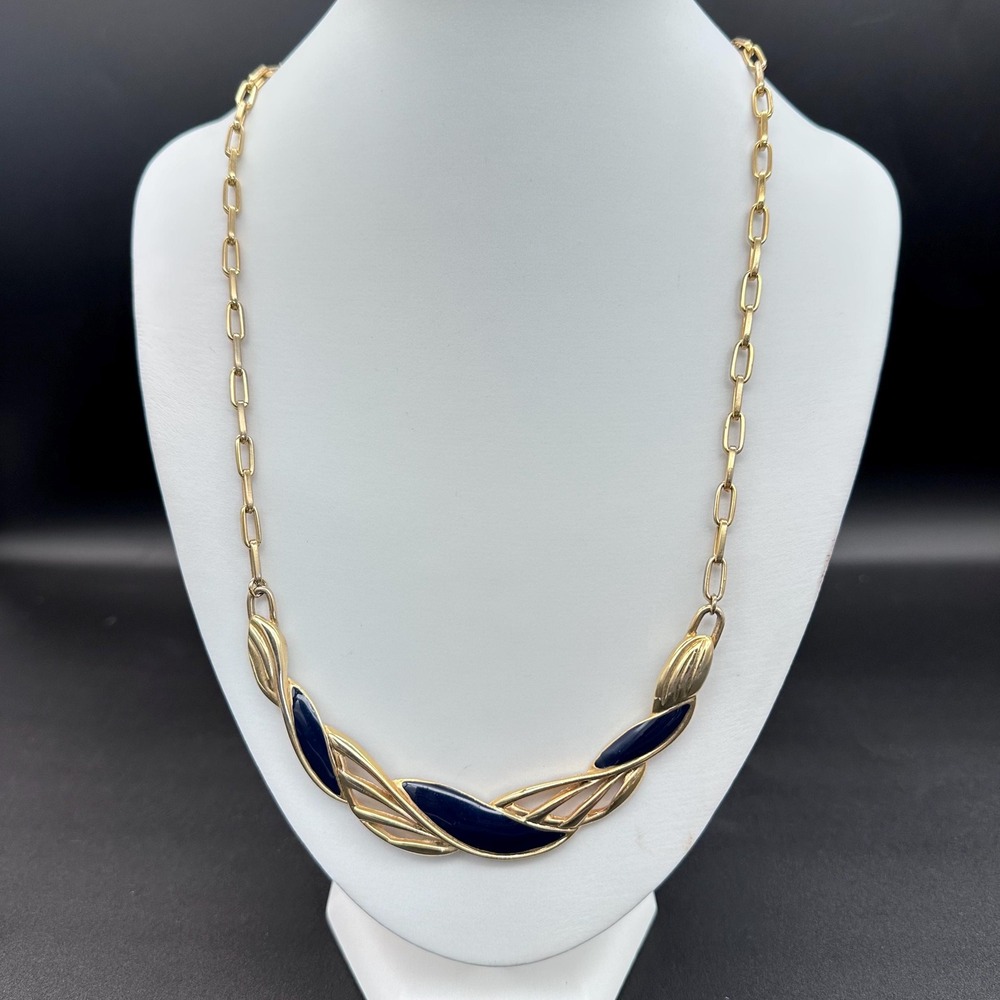 VTG Gold Tone Navy Blue Enamel Twisted Leaf 1980s Statement Collar 18" Unsigned